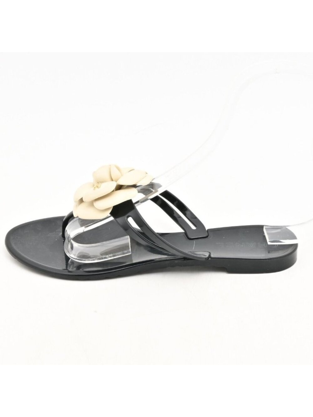 Chanel Beach Sandals Black White Camellia